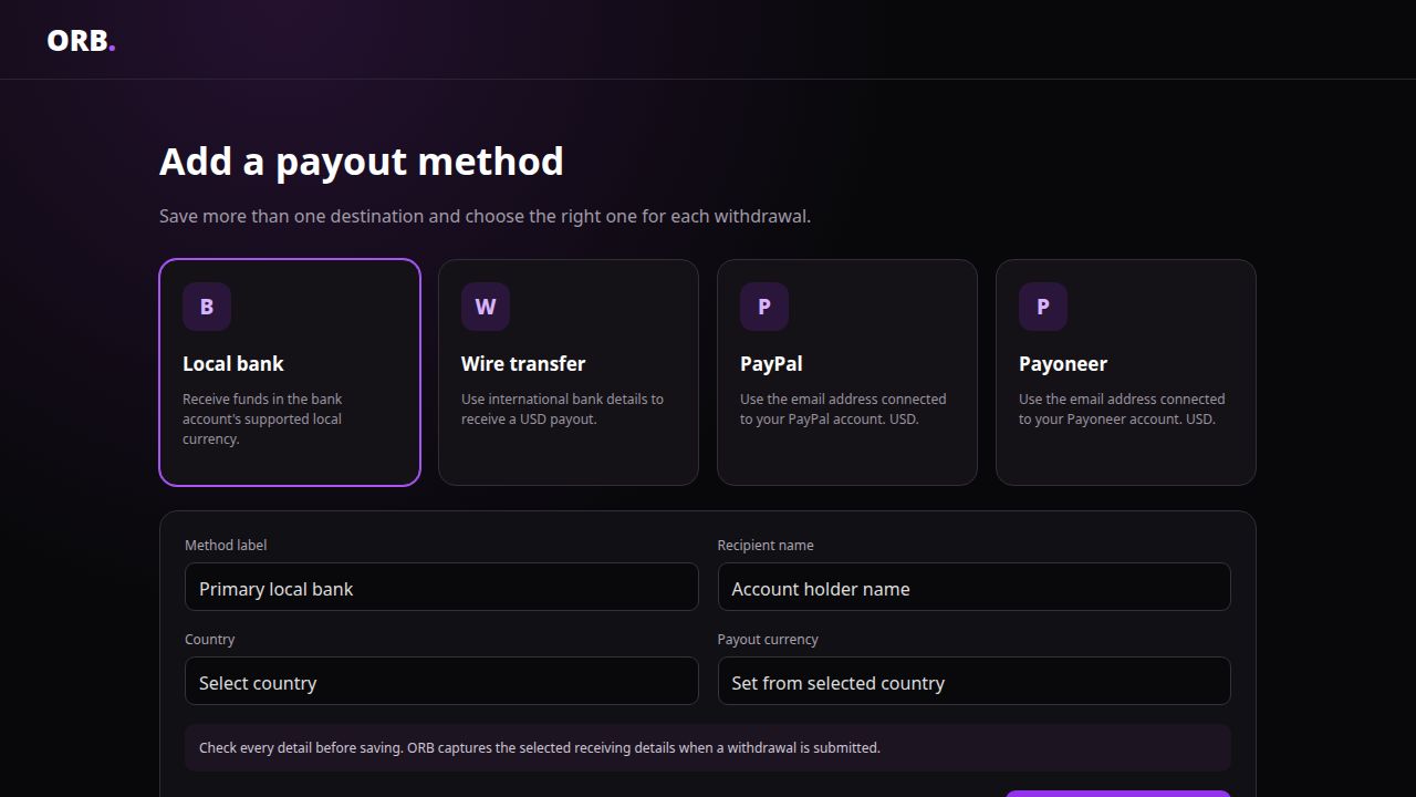 ORB payout-method options for local bank, wire, PayPal, and Payoneer